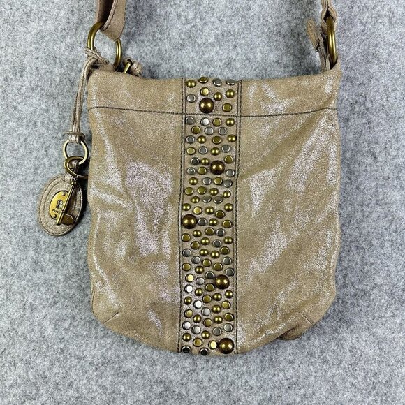 FOSSIL Long Live Vintage Crossbody Purse Studded Shimmer Tan Suede Leather Hobo* - Picture 1 of 16